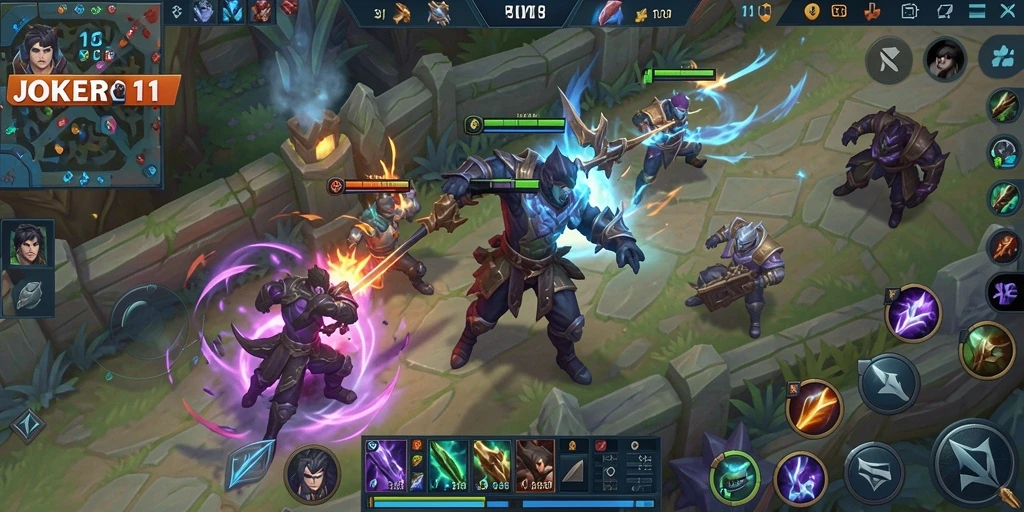 Screenshot JOKER11 menampilkan pertarungan tim yang dinamis dalam arena MOBA.