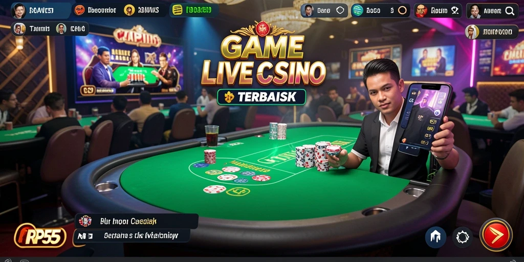 Screenshot menunjukkan dealer langsung dan suasana permainan Live Casino yang realistis.